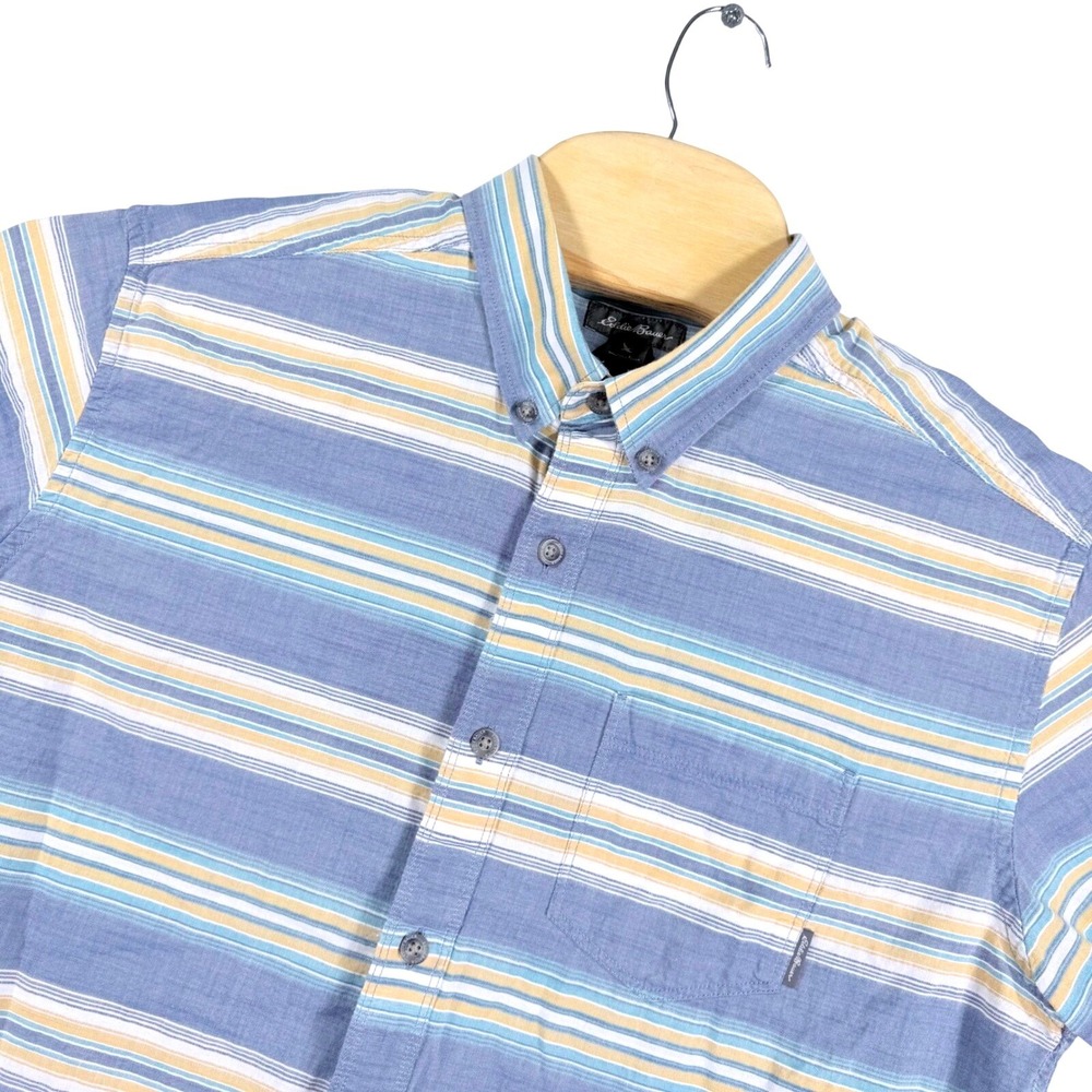 Eddie Bauer Button Down Shirt Mens Large Blue Yellow Striped Short Sleeve Cotton